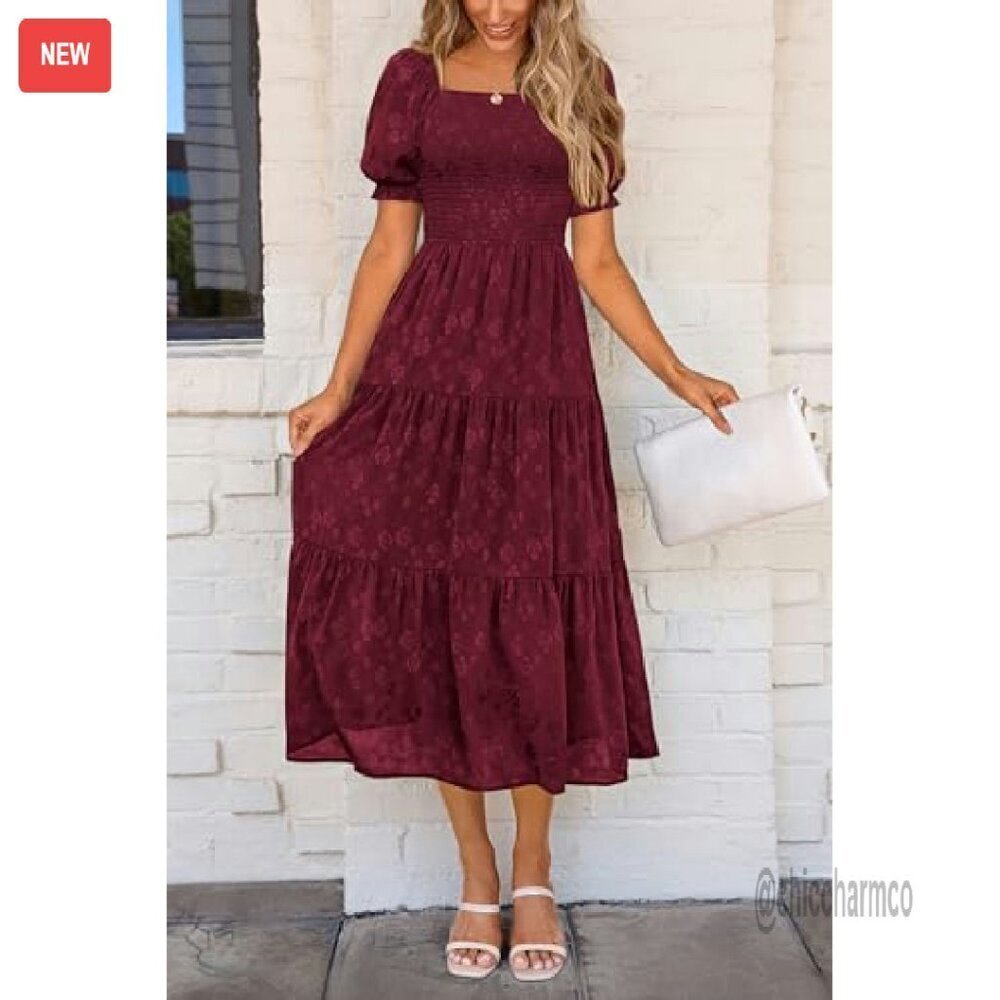 Women's Summer Midi Dress Square Neck Smocked Boho Flowy A-Line - Picture 4 of 8